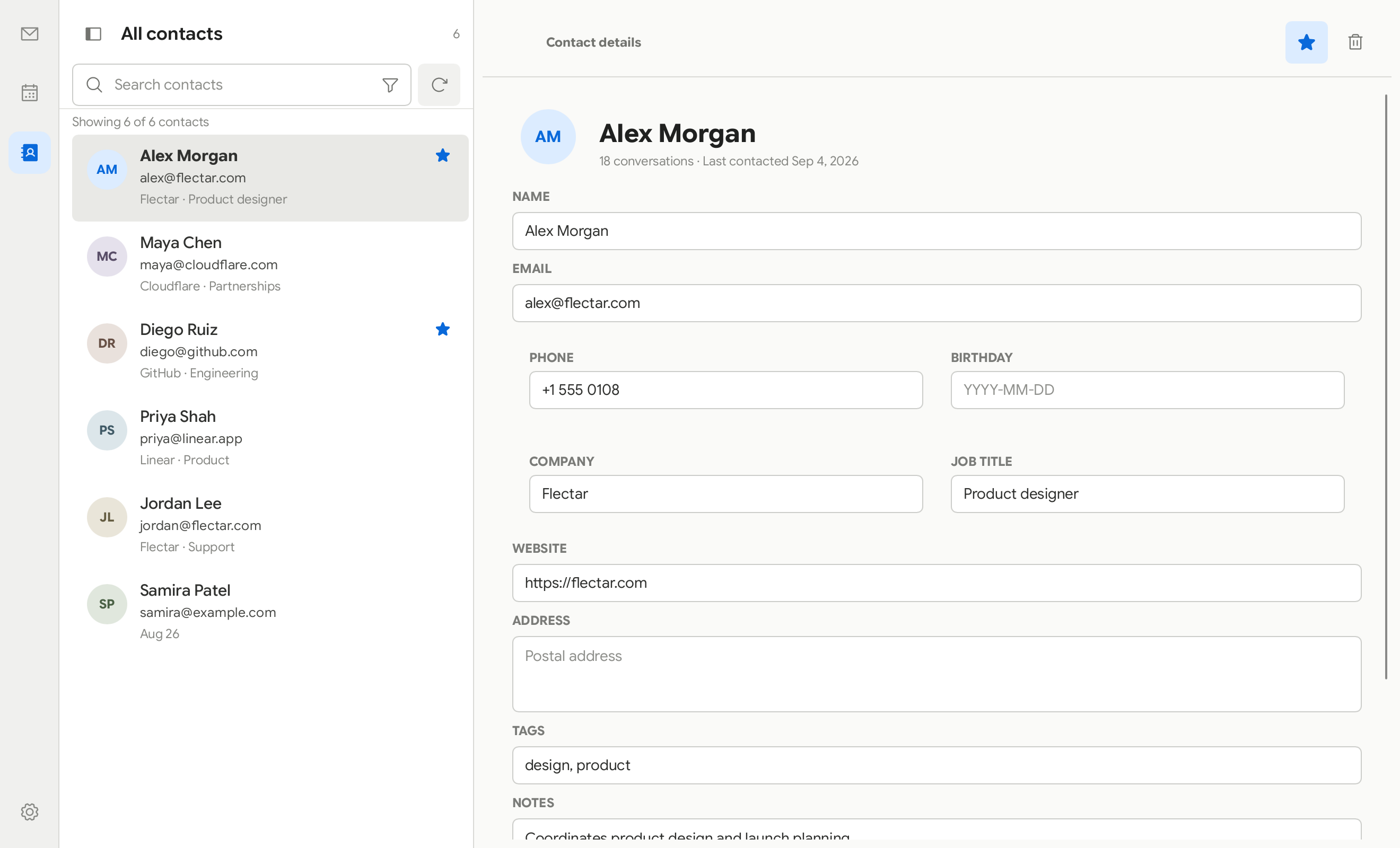 Flectar Mail contacts