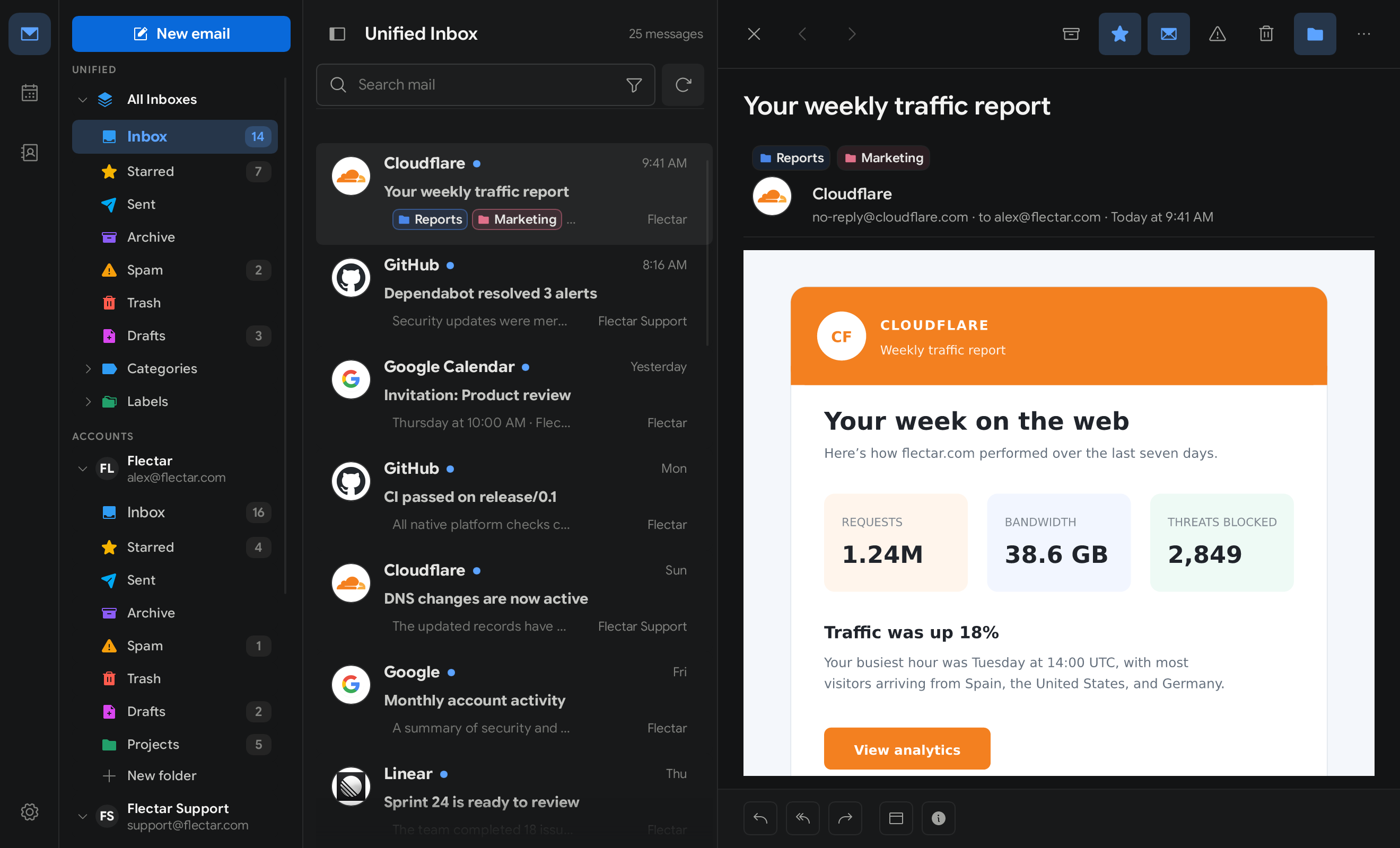 Flectar Mail full desktop workspace in dark mode