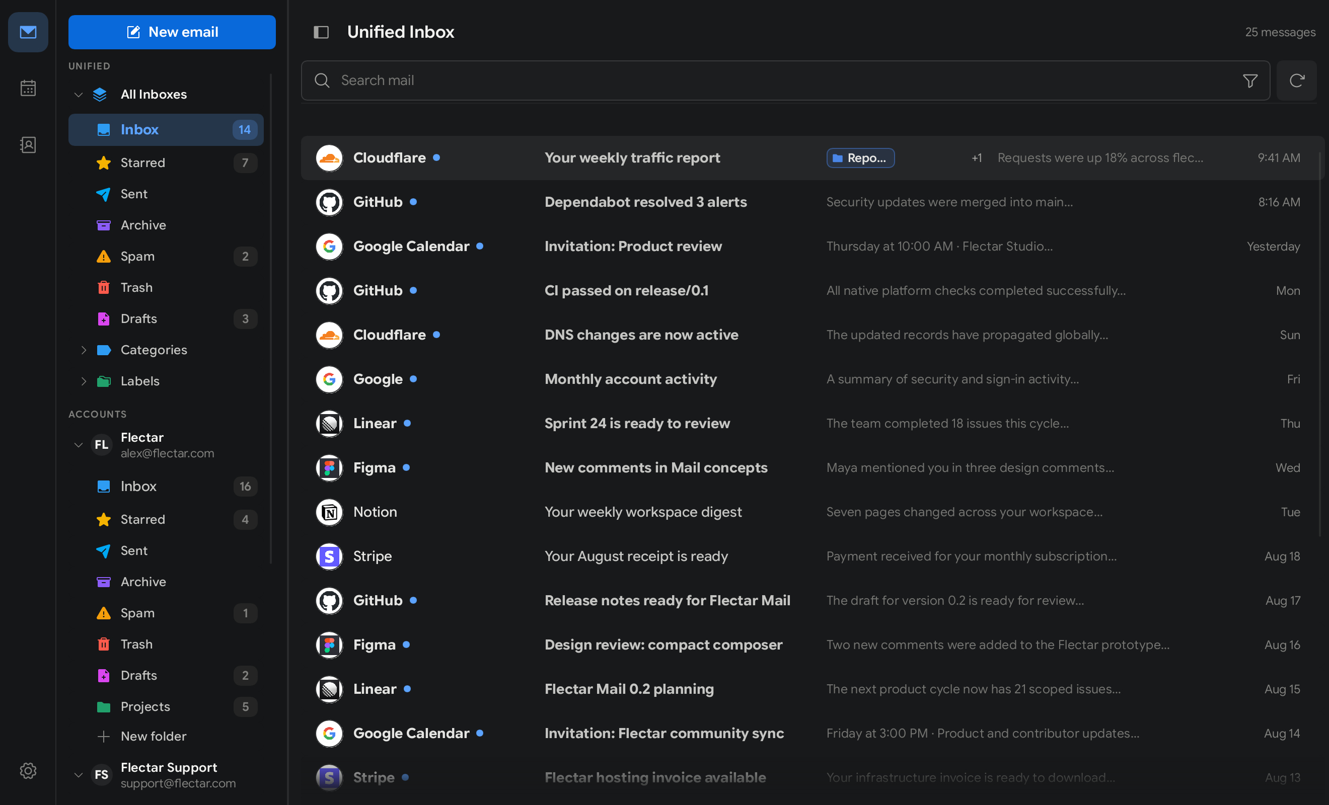 Flectar Mail minimal desktop workspace in dark mode