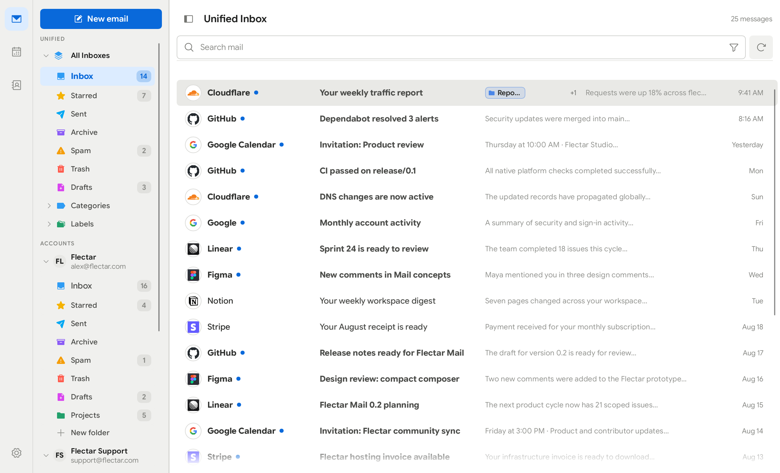 Flectar Mail minimal desktop workspace in light mode
