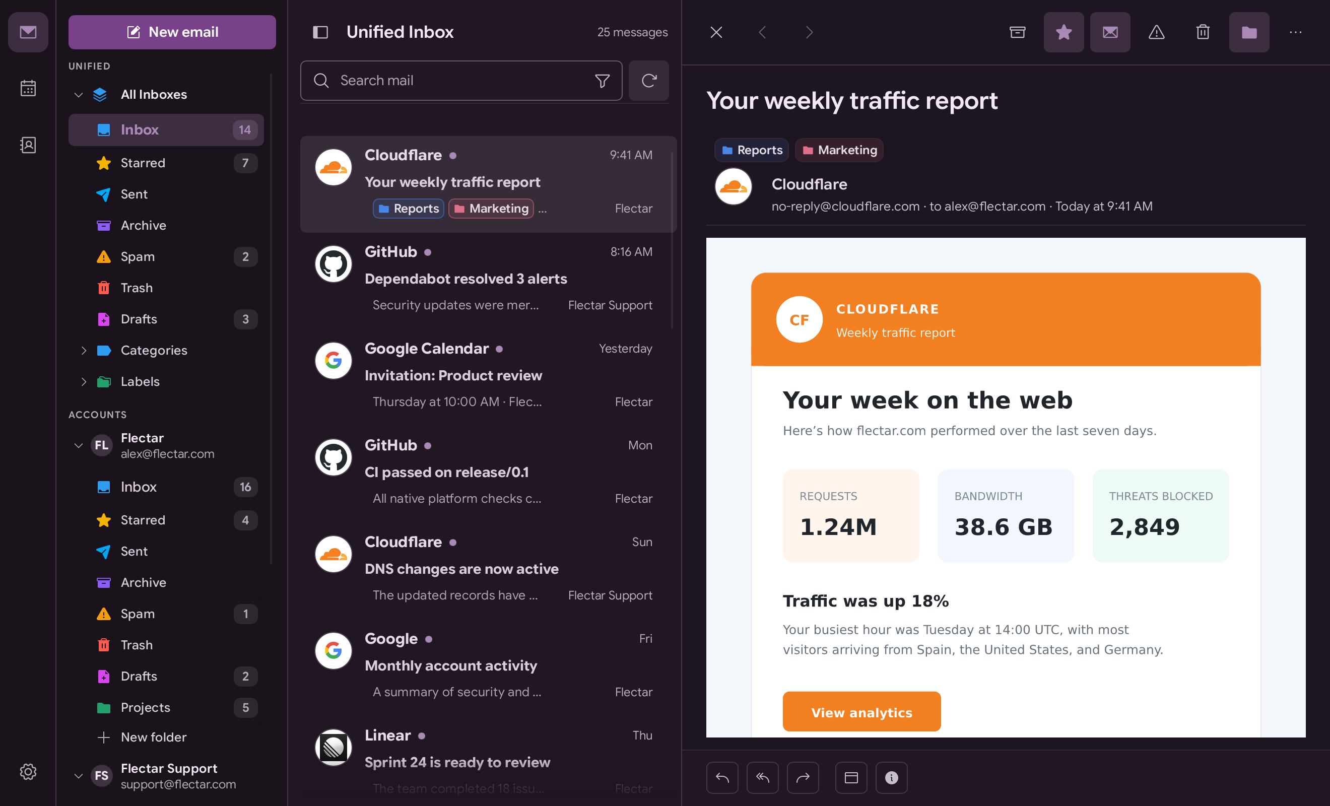 Flectar Mail purple palette in dark mode