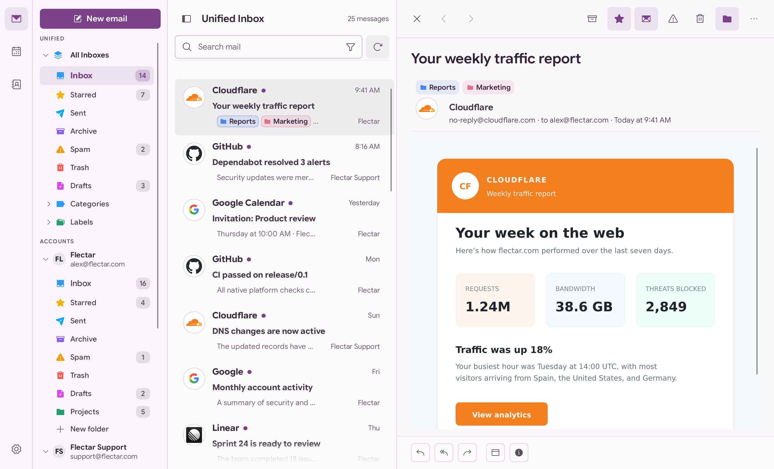 Flectar Mail purple palette in light mode