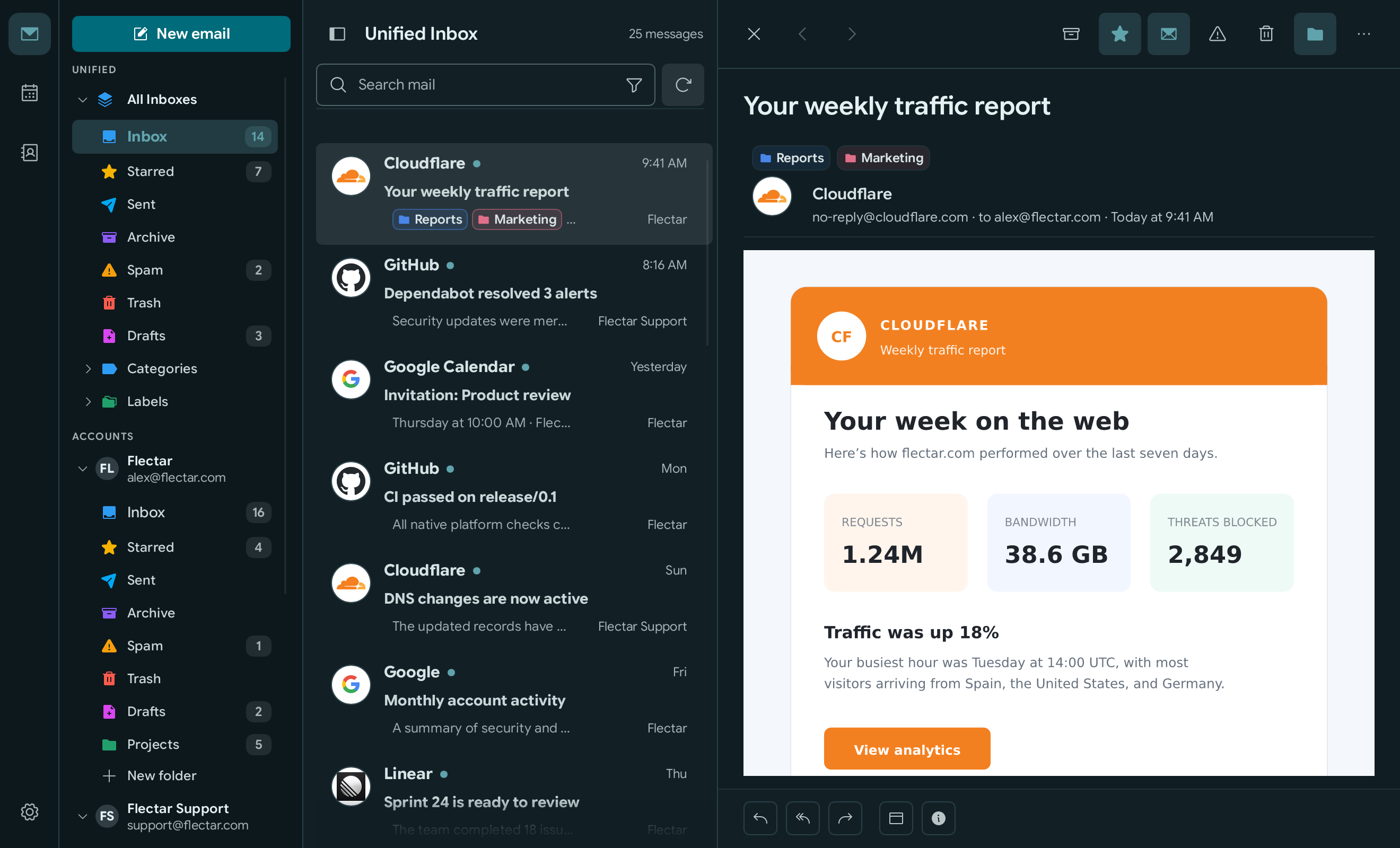 Flectar Mail teal palette in dark mode