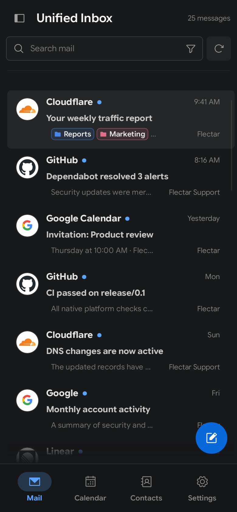 Flectar Mail mobile inbox in dark mode