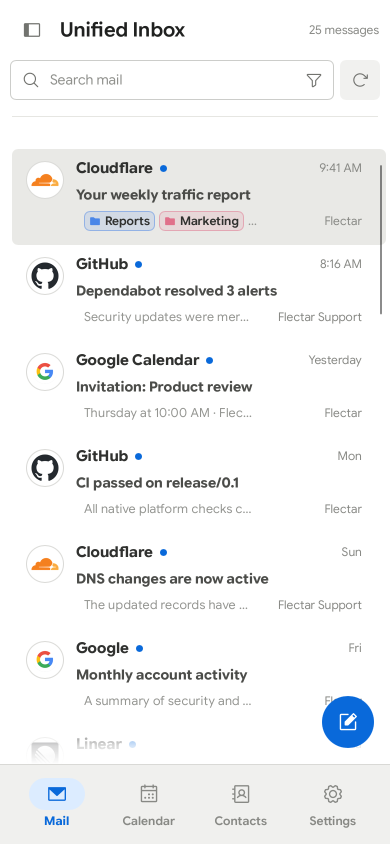 Flectar Mail mobile inbox in light mode