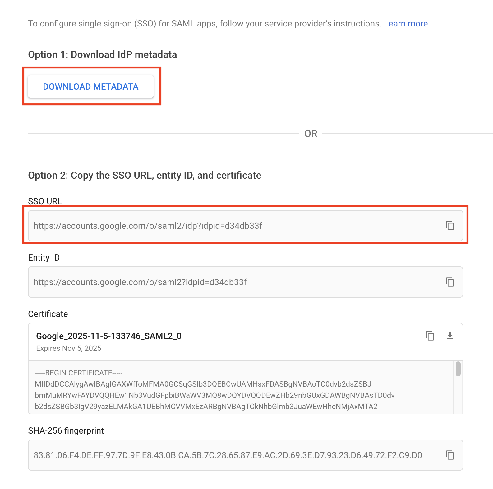 Download metadata and copy the SSO URL