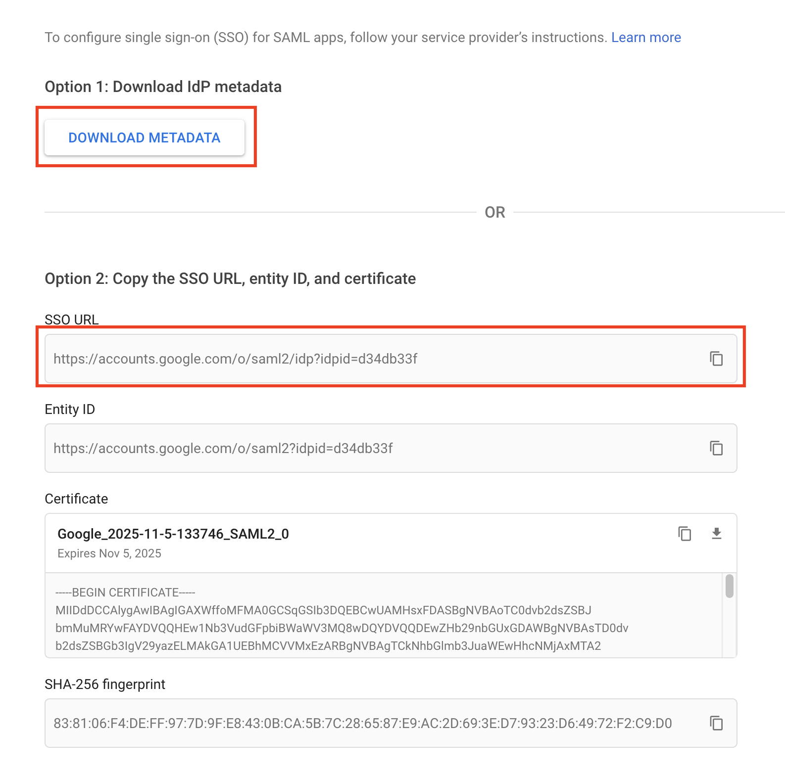 Download metadata and copy the SSO URL 