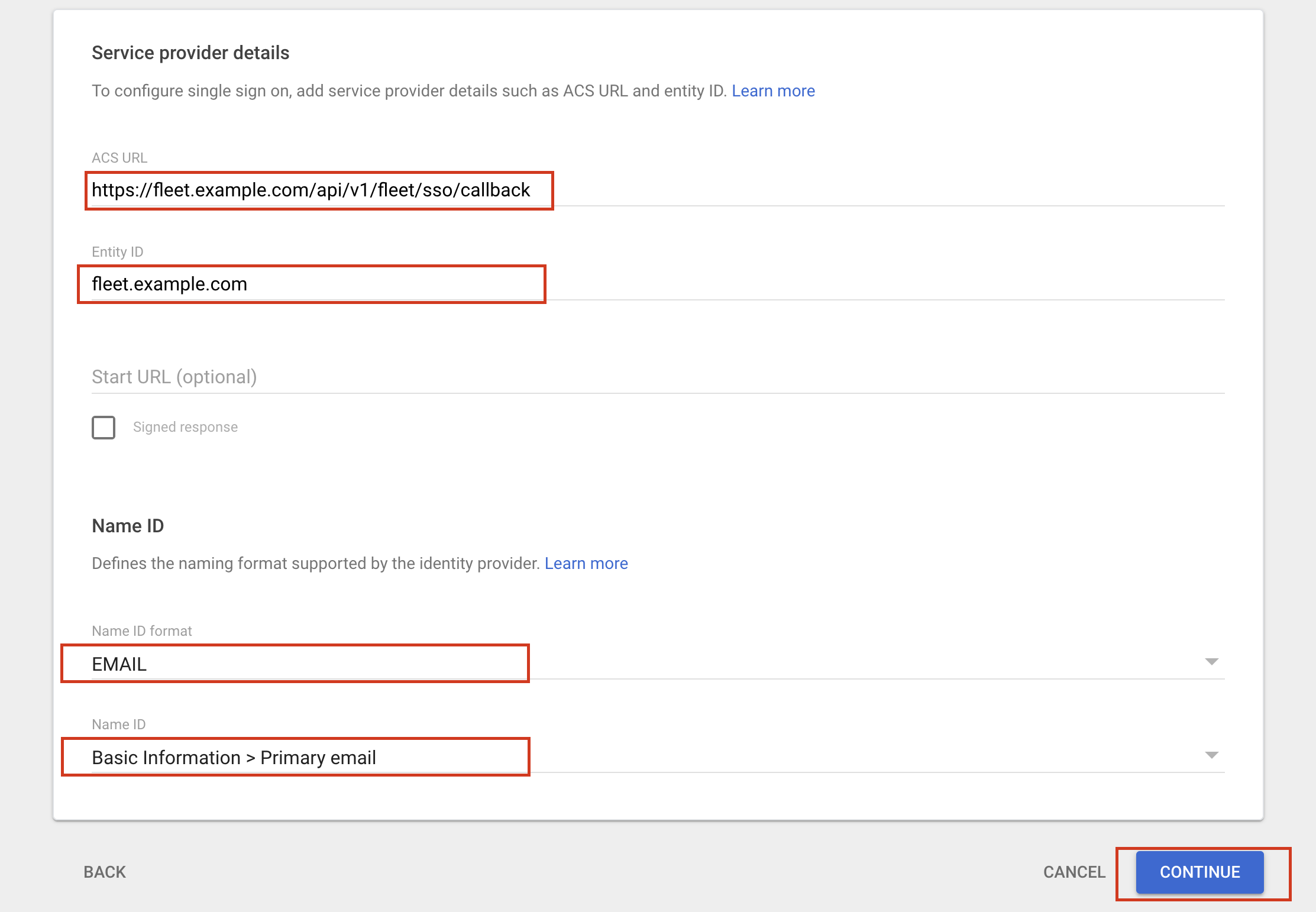 Configuring the service provider details in Google Workspace