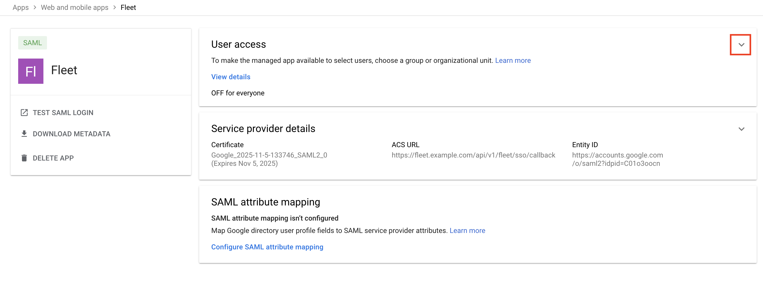 The new SAML app's details page in Google Workspace