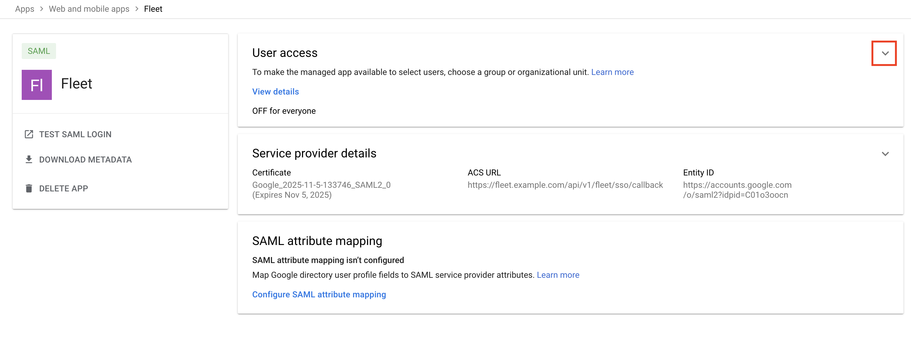 The new SAML app's details page in Google Workspace 