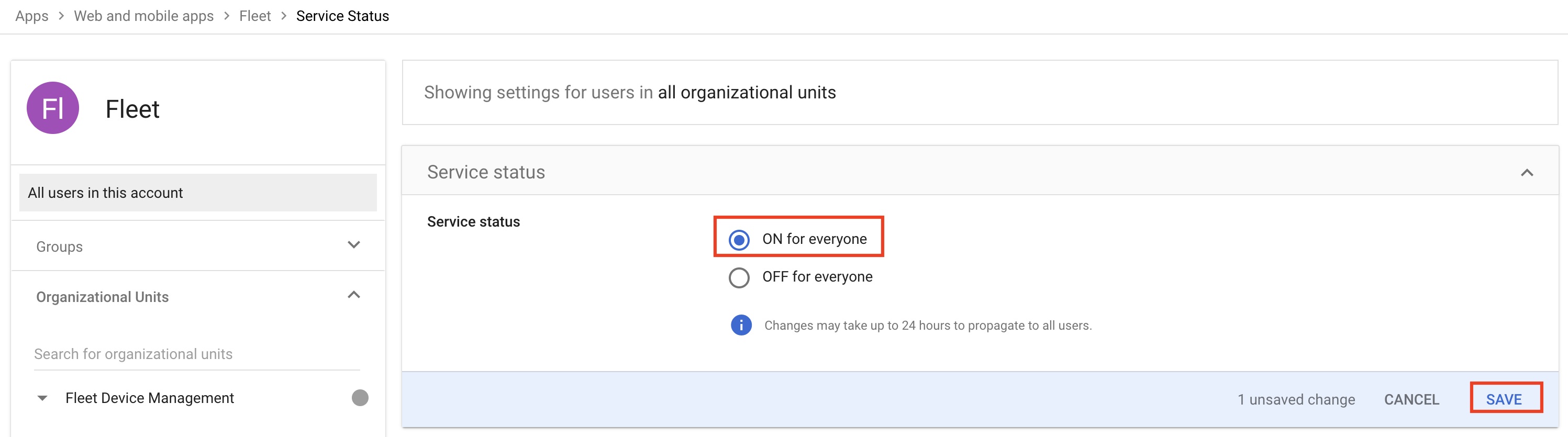 The new SAML app's service status page in Google Workspace