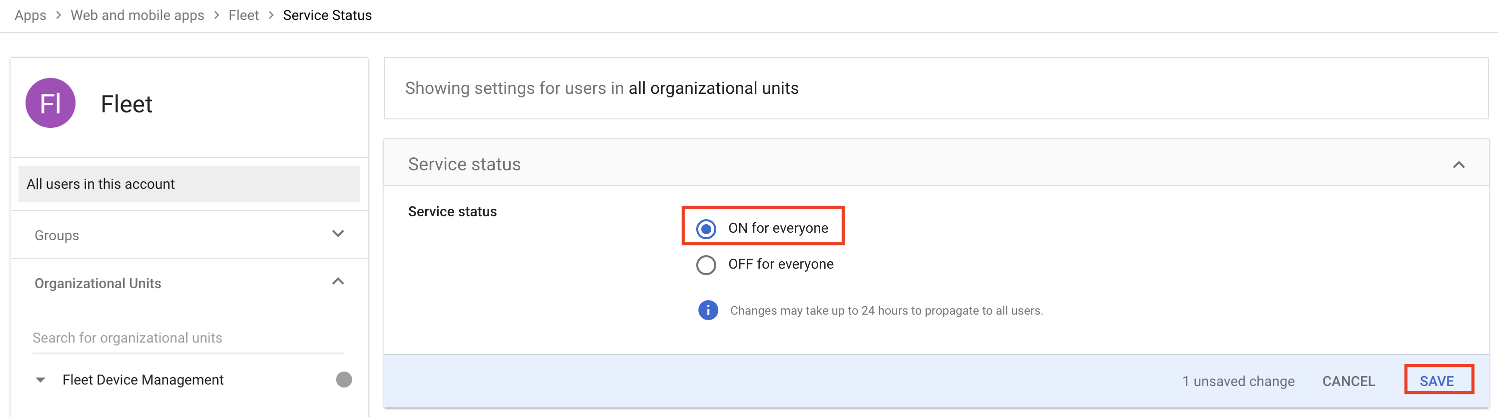 The new SAML app's service status page in Google Workspace 