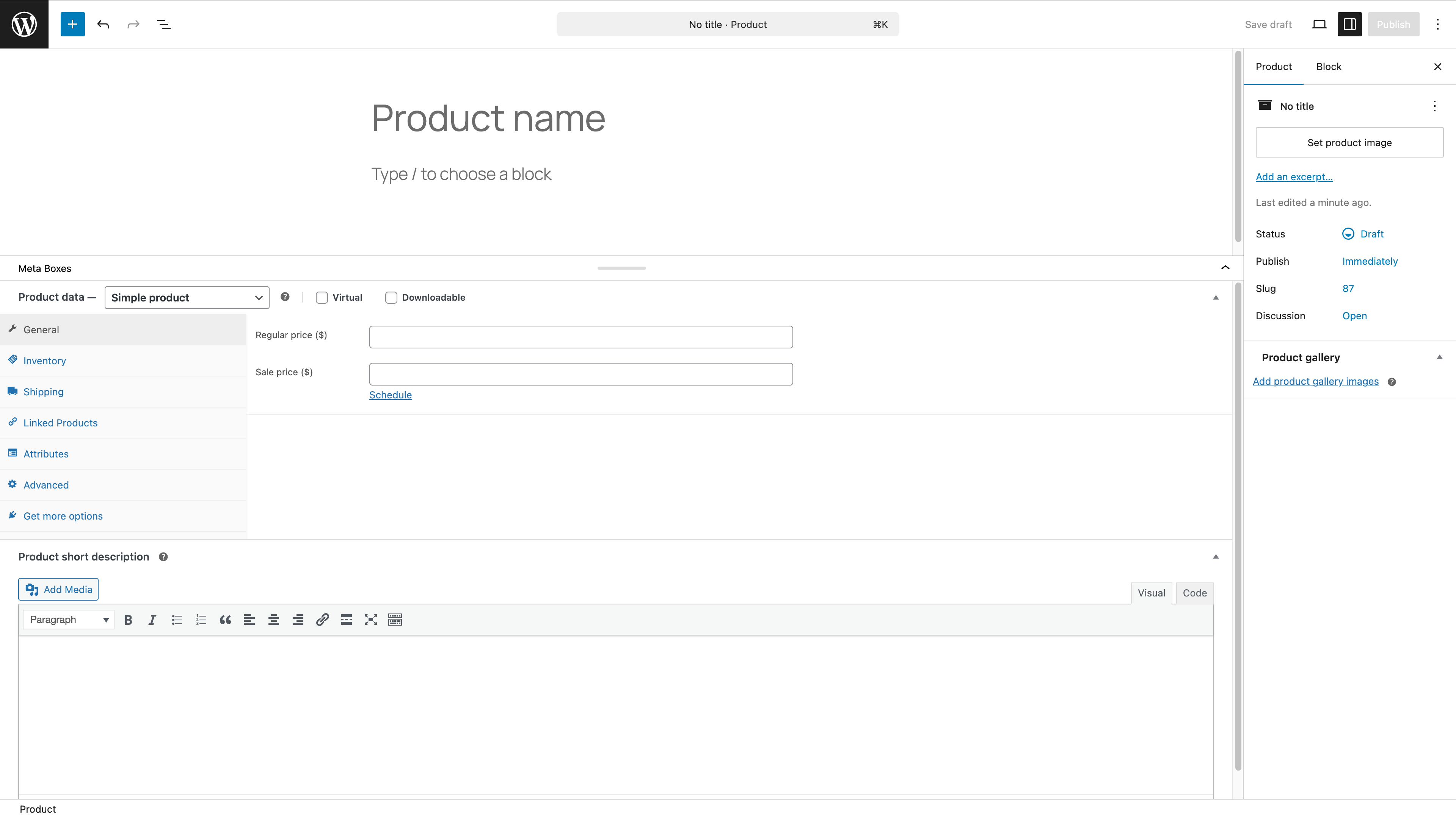 Product editor with Block Editor enabled