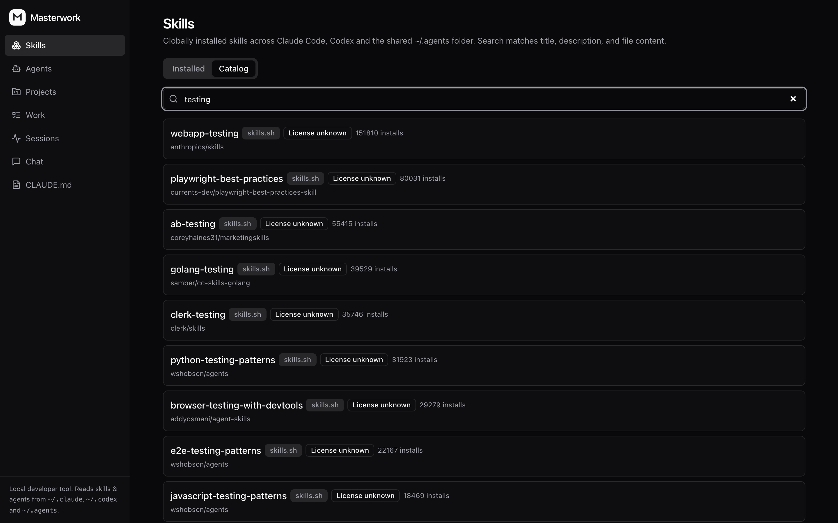 Catalog search results, each with its source and license