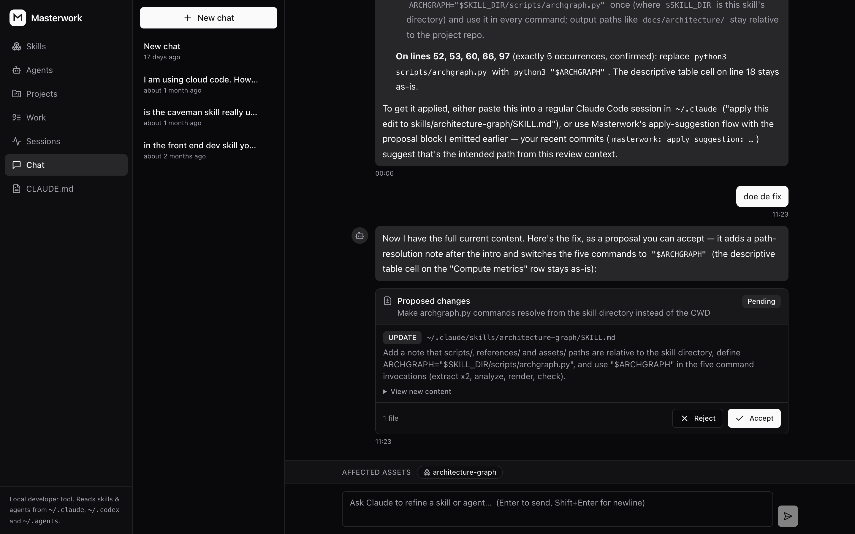 Chat answering with a proposed edit to a skill, pending accept or reject
