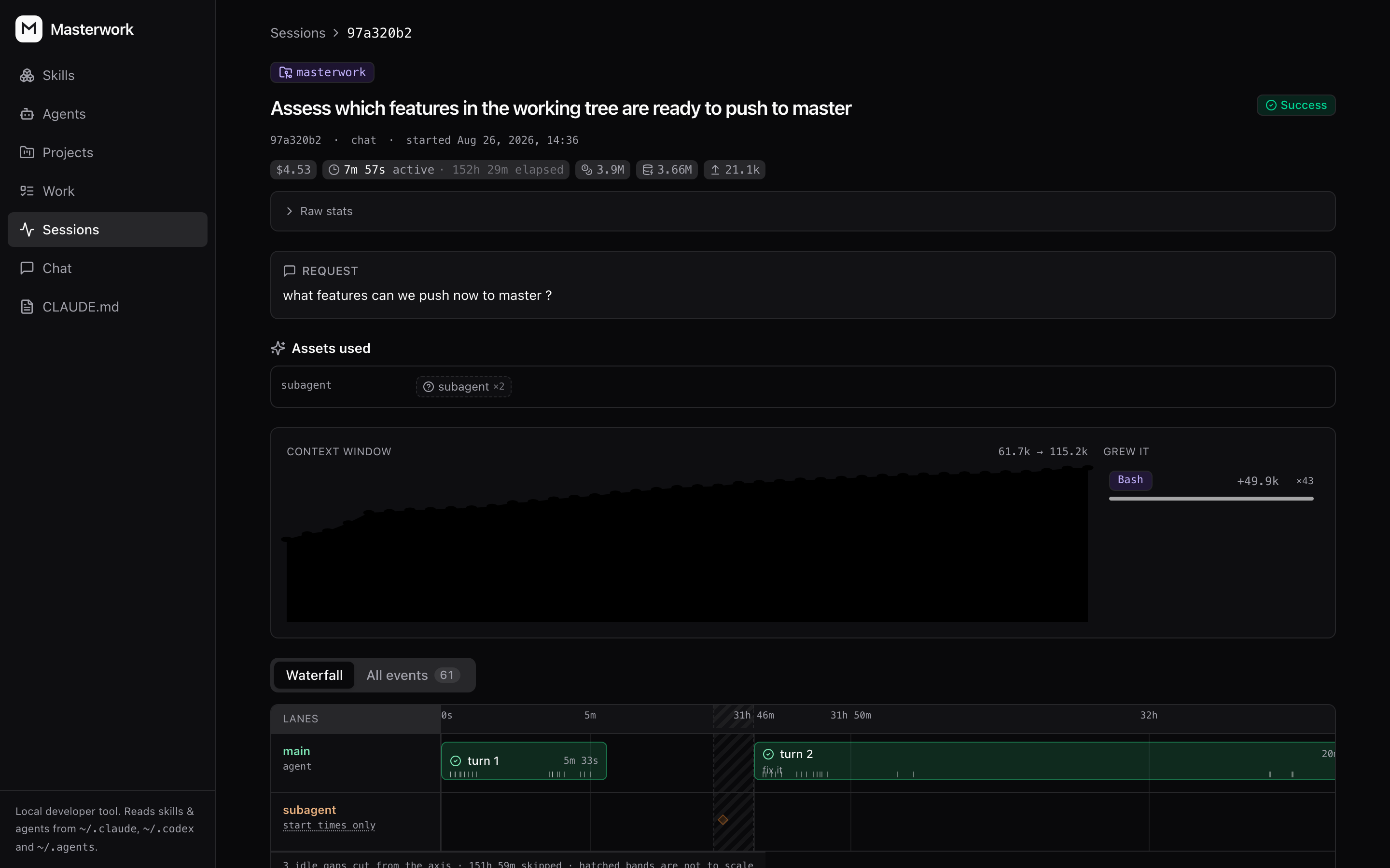 One recorded session: cost, tokens, how the context grew, and a waterfall of its turns