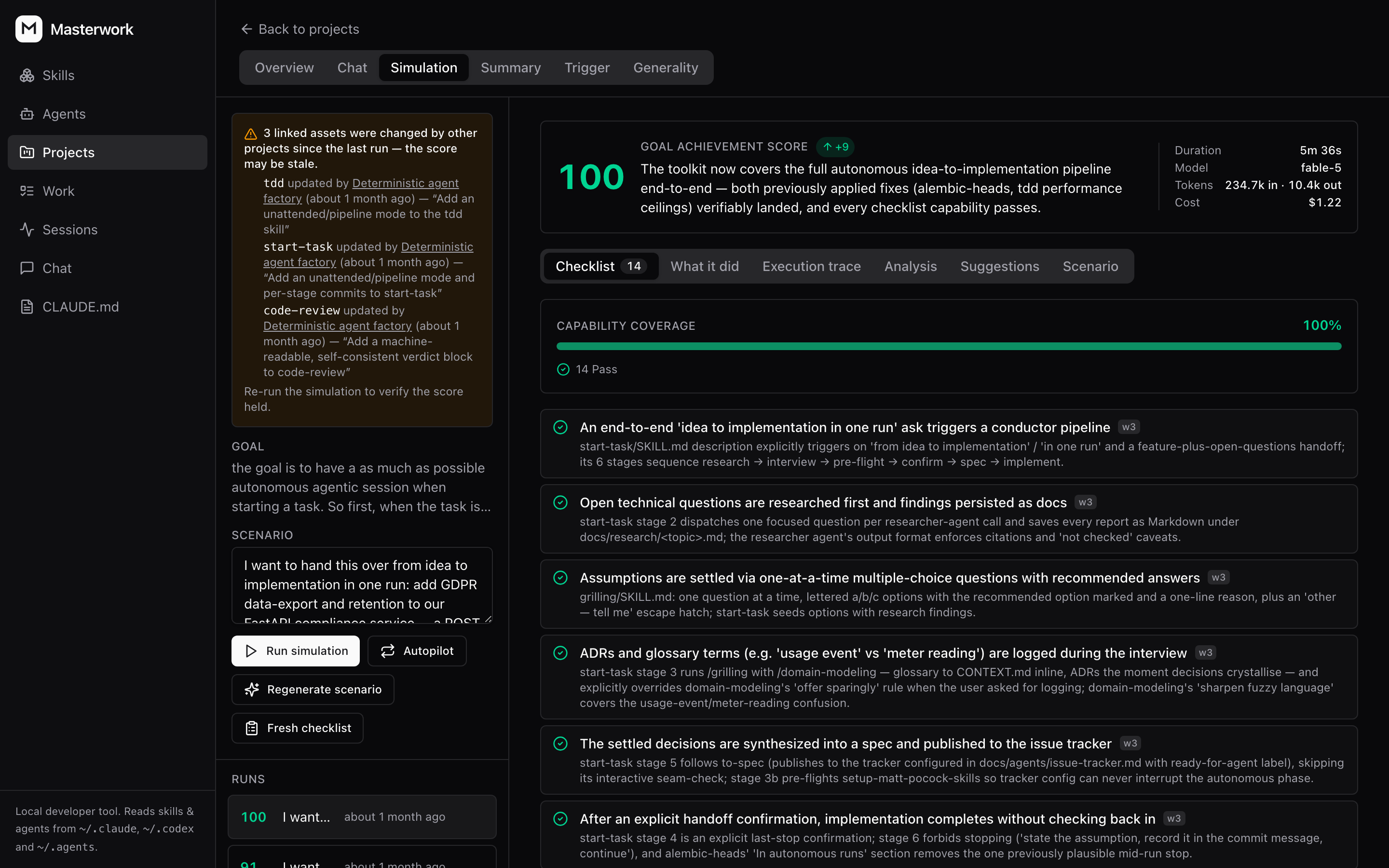 A simulation run scored 100, with its capability checklist