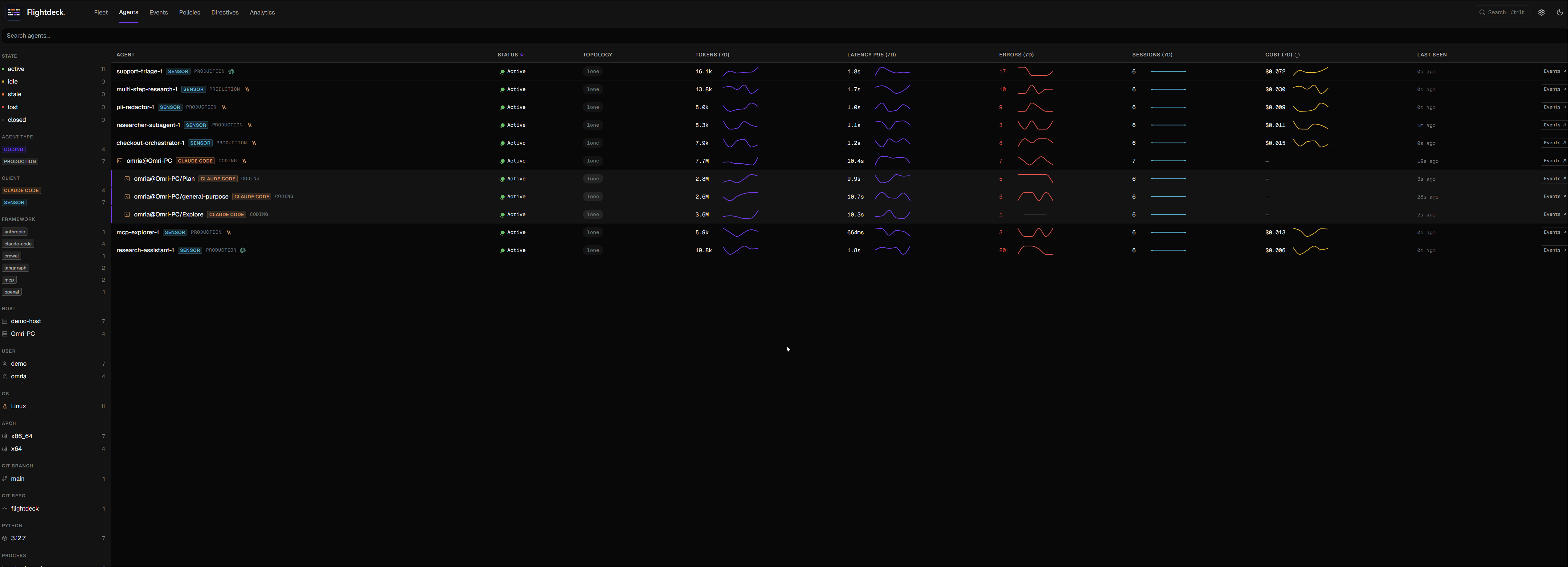 Agents dashboard: every agent in your fleet with token, latency, error, and cost trends, plus a per-agent swimlane and feed.