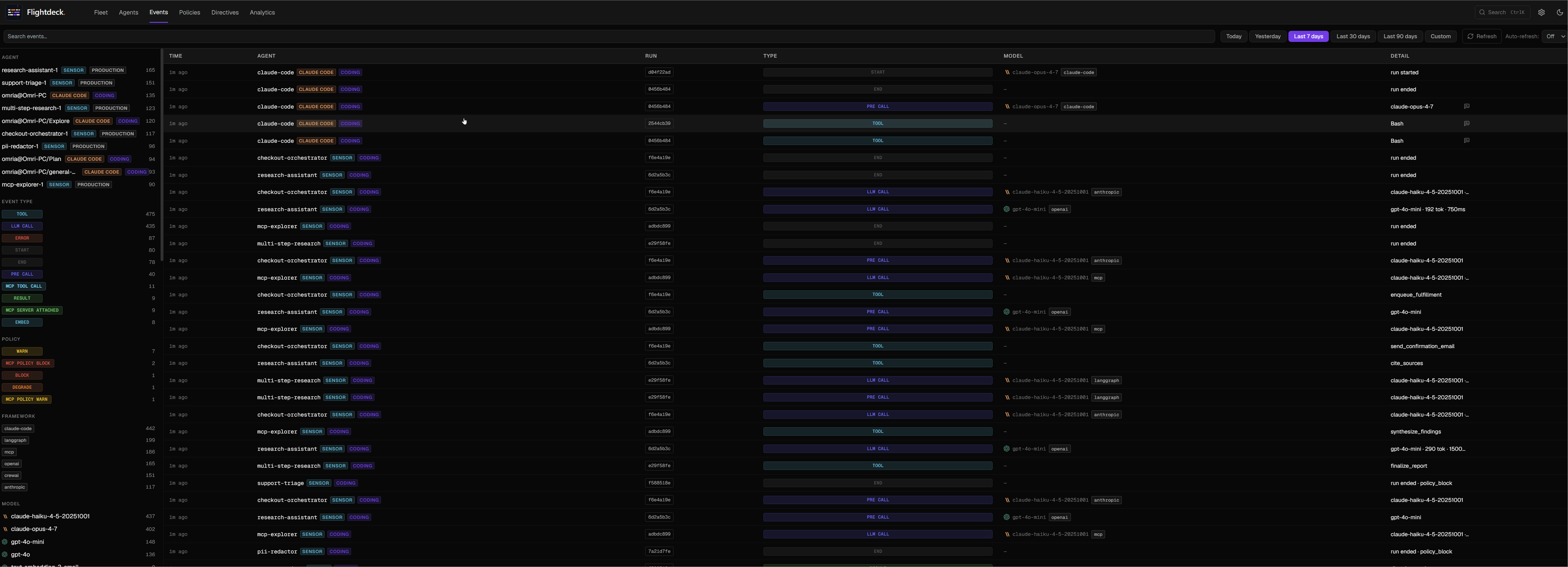Events search: filter every LLM call, tool use, and policy event by agent, type, framework, and MCP server.