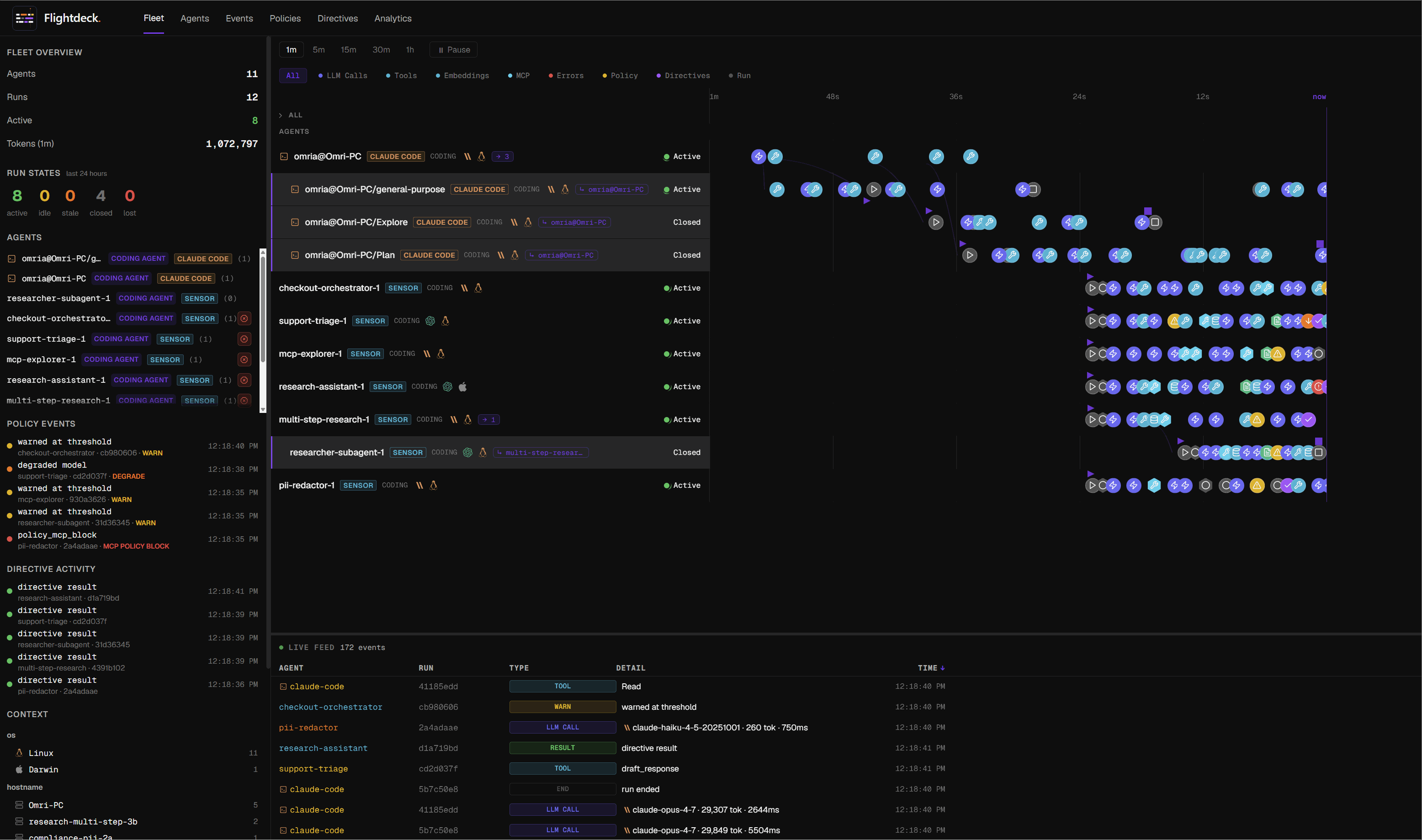 Live fleet view: every agent on a shared timeline streaming events as agents run.