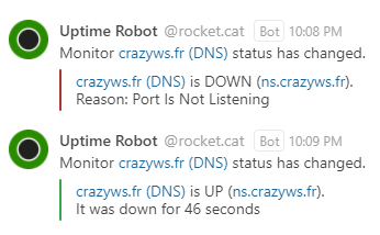 Screenshot of messages generated by Uptime Robot integration script