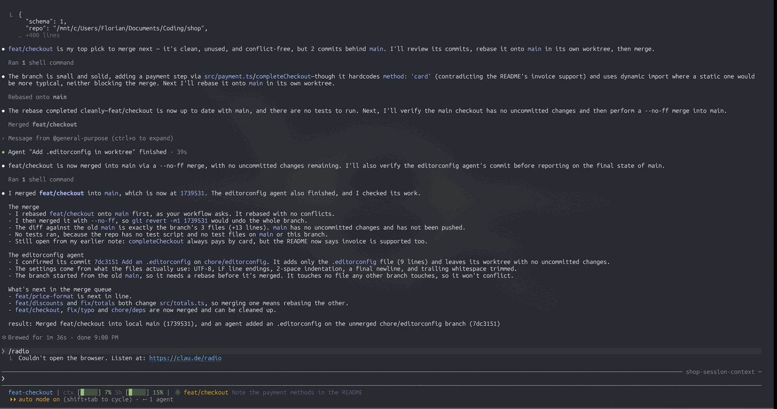 /radar typed in a Claude Code session, and the band opening above the prompt: every branch of the repository in its lane, the ready ones ranked, and the status line naming what lands next