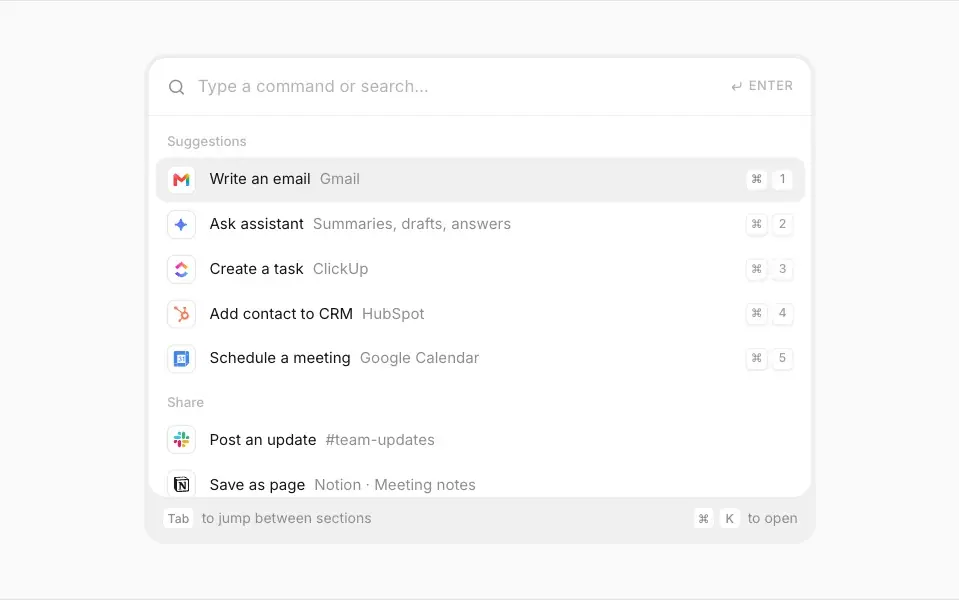 Command Menu: Search and run anything from one field – tool actions with logos and ⌘1–⌘5, everyday commands with icons