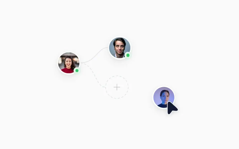 Team Invite: Connected teammates – a cursor drags a new one into the empty slot, the line turns solid and they go online