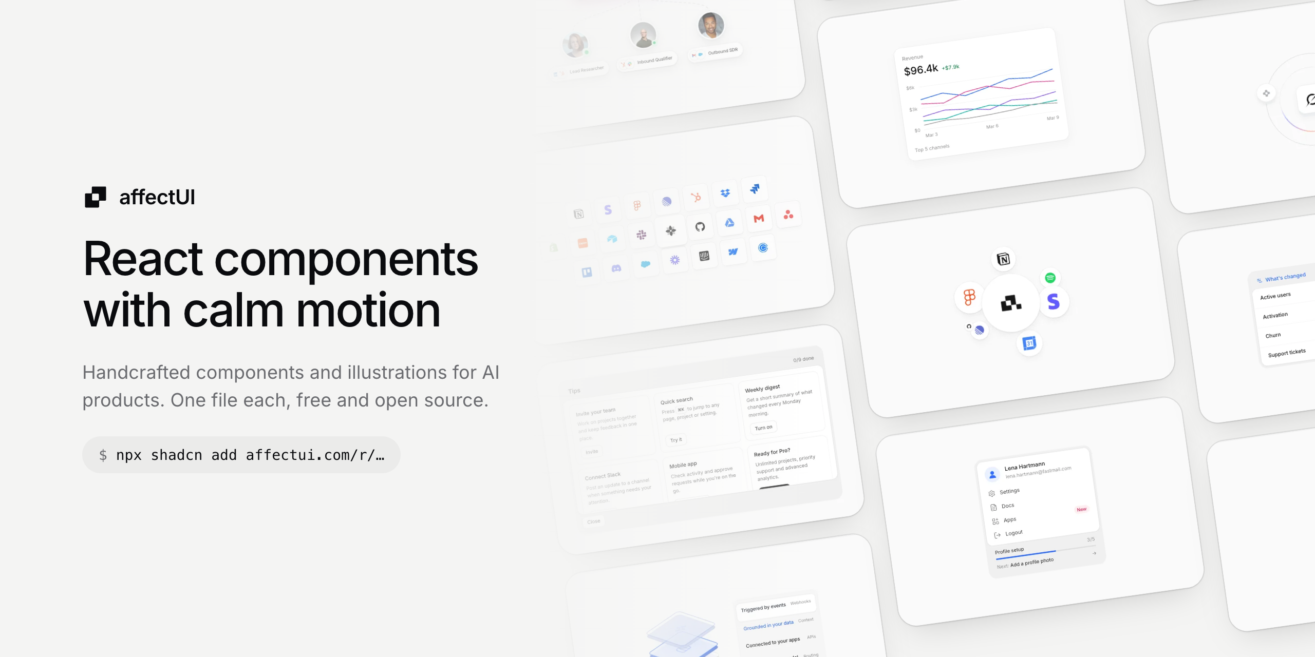 affectUI: React components with calm motion. Free and open source, install with shadcn.