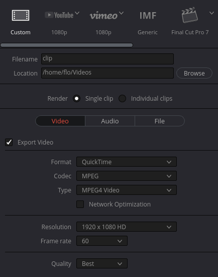DaVinci Resolve Render Settings