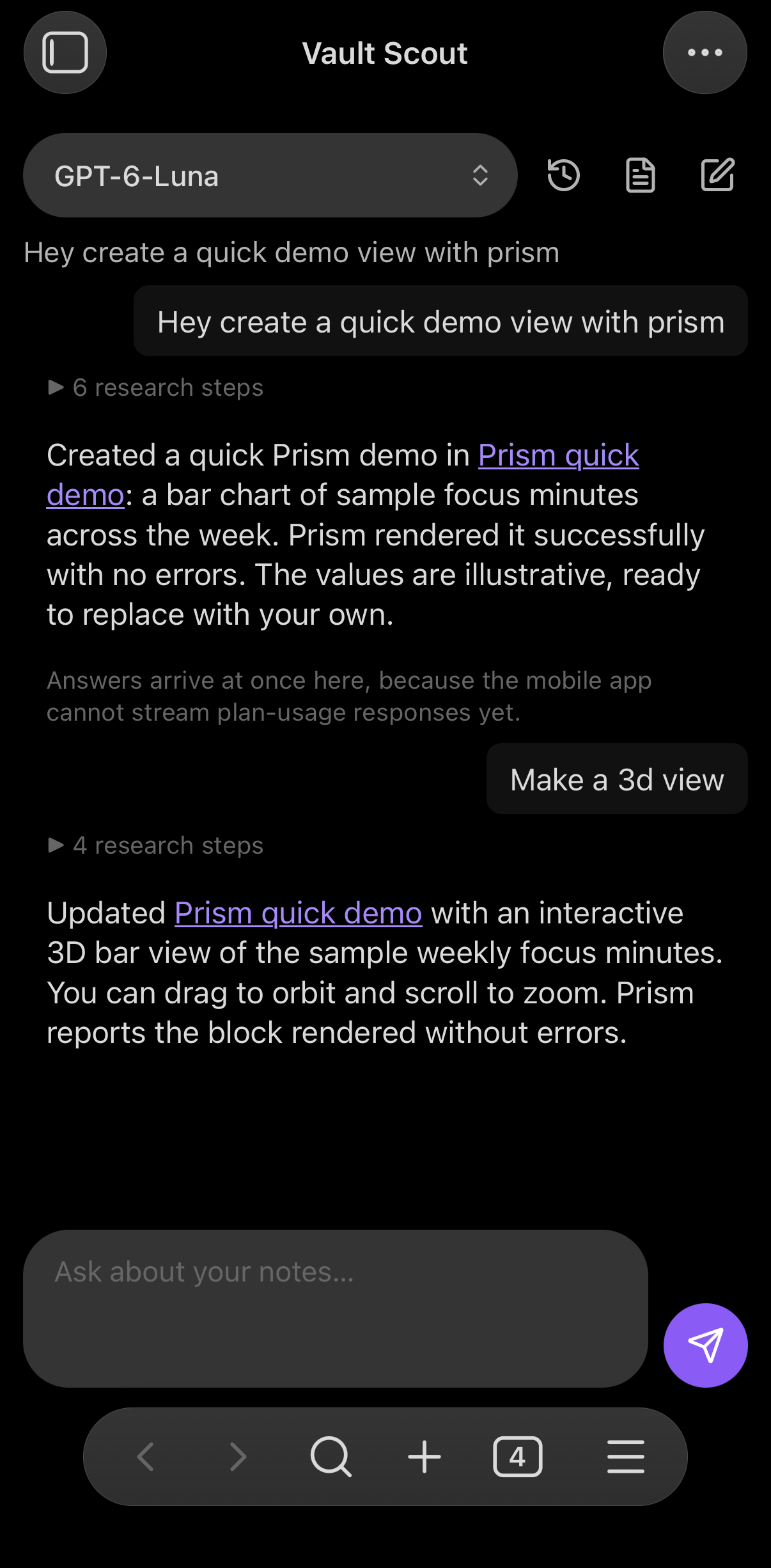 Vault Scout chat on an iPhone: the agent created a Prism demo note, then turned it into an interactive 3D view, and reports that Prism rendered it without errors