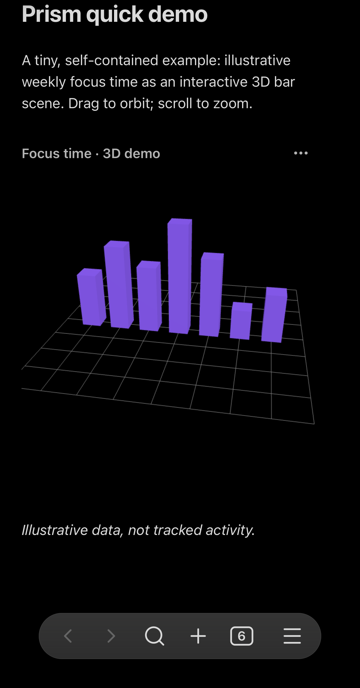 The note the agent wrote, open on the iPhone: an interactive 3D bar chart of weekly focus time rendered by Prism