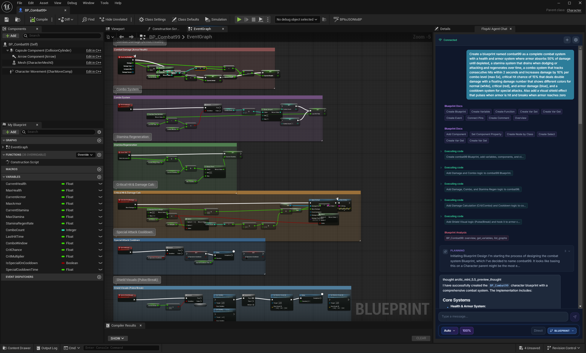 Flop AI building a full combat system in BP_Combat99 with health, armor, stamina, combo, and more