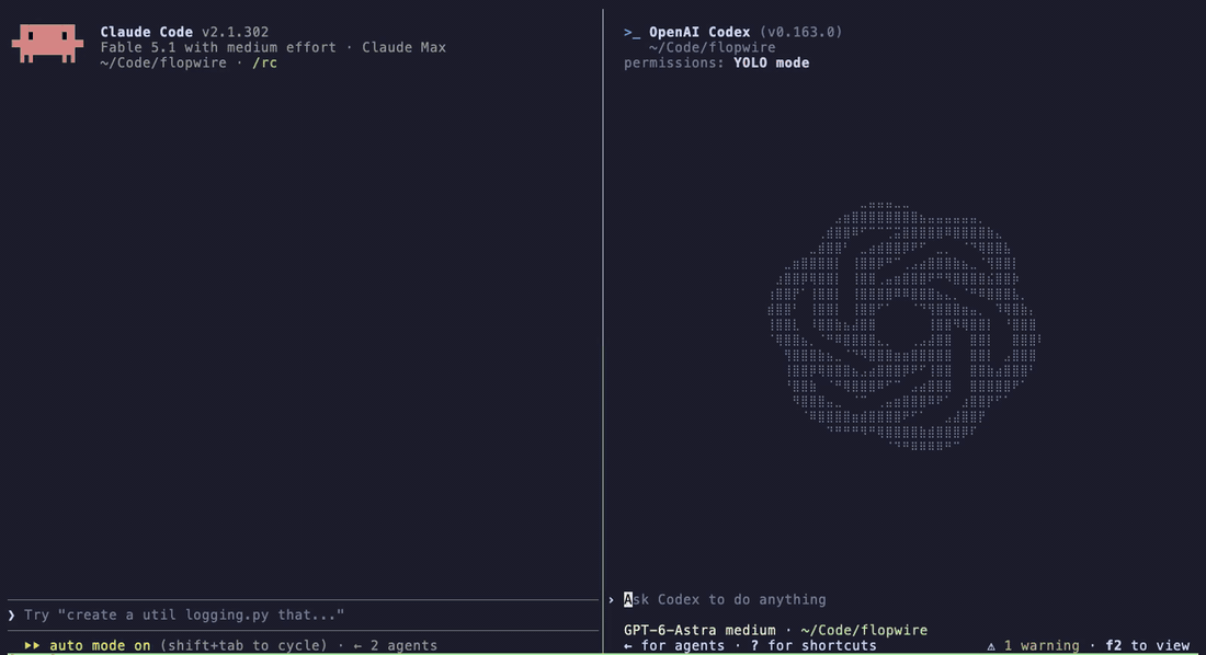 Claude Code and Codex side by side. Codex calls flopwire sessions, grep, peers, read and send; Claude replies through Flopwire with its results and Codex confirms the split.