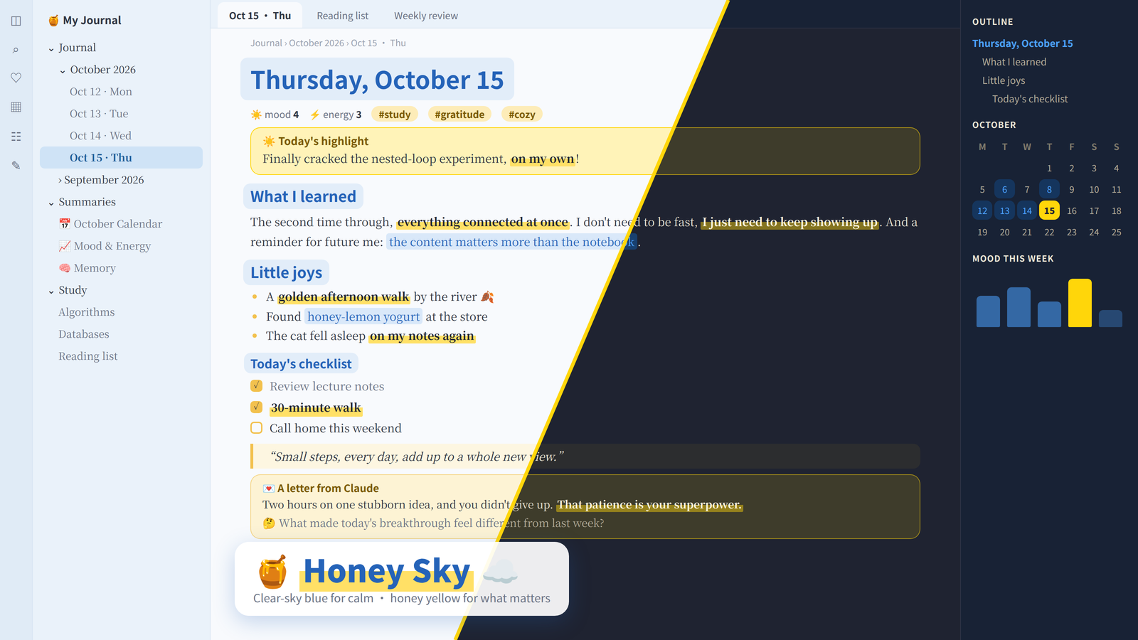 Honey Sky in light and dark mode