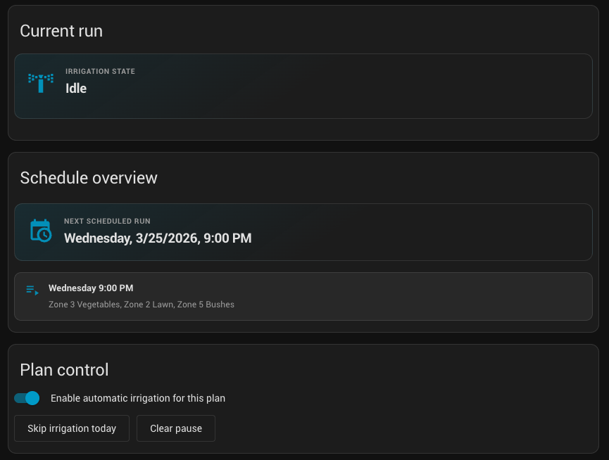 General tab — current run, schedule overview, plan control