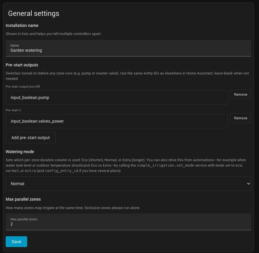 General tab — general settings (pre-start, mode, max parallel)
