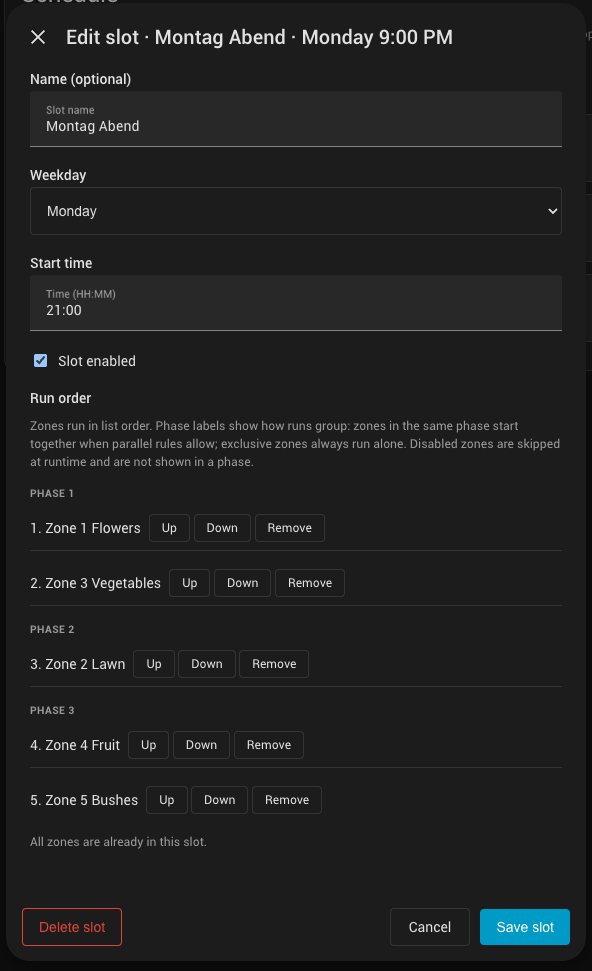Schedule tab — edit slot (run order and phases)