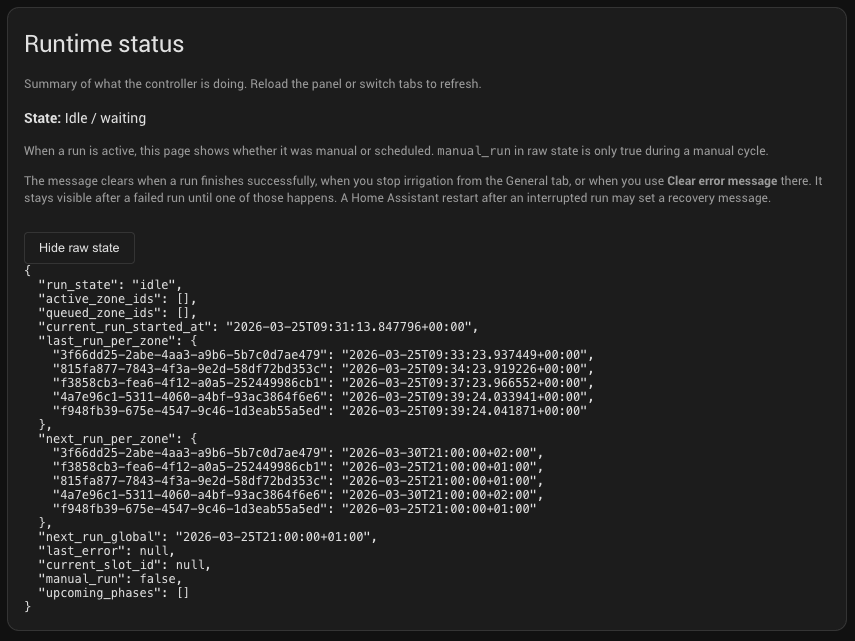 Status tab — runtime summary