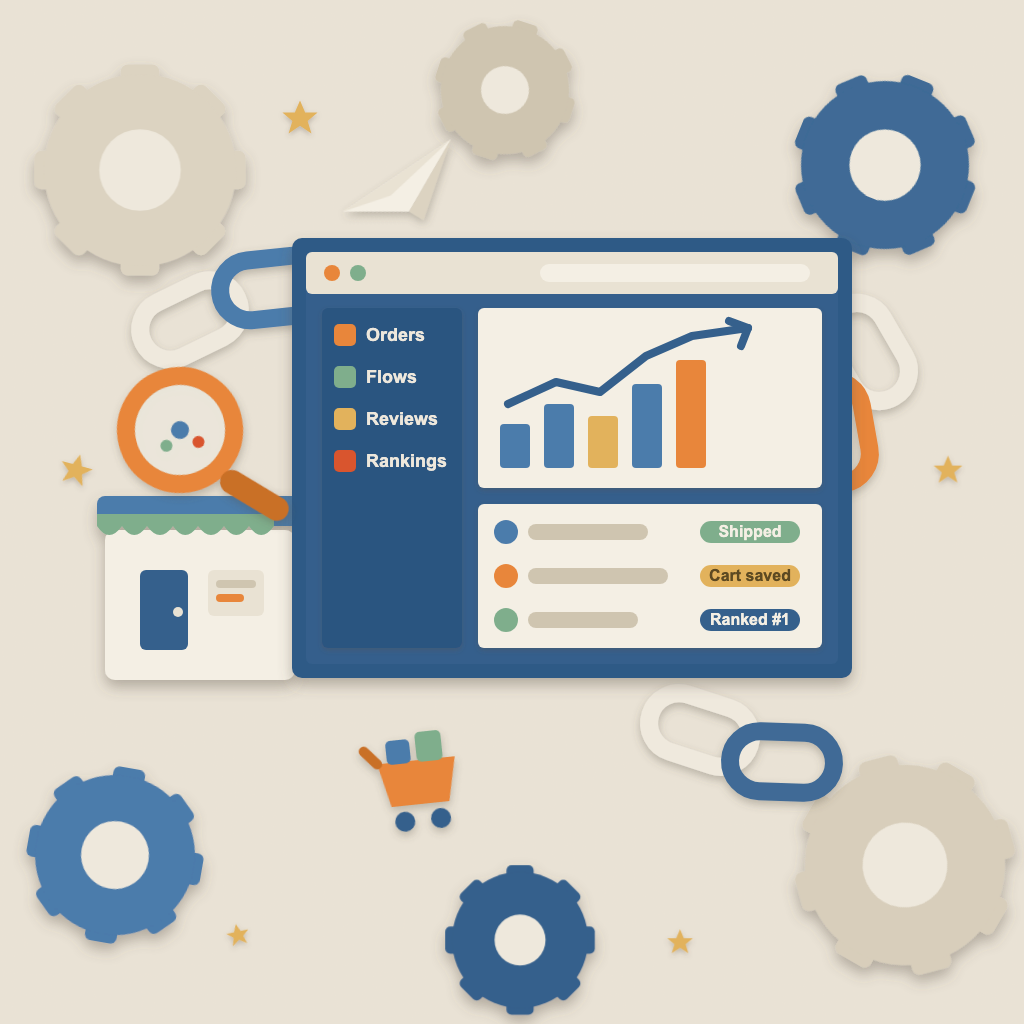 Papercraft illustration of an online store dashboard automating orders, flows, reviews and rankings