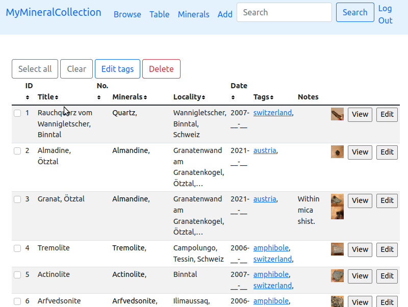 Edit Tags and delete specimen