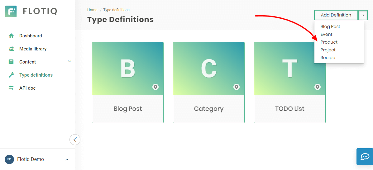 Create content type definition using Flotiq