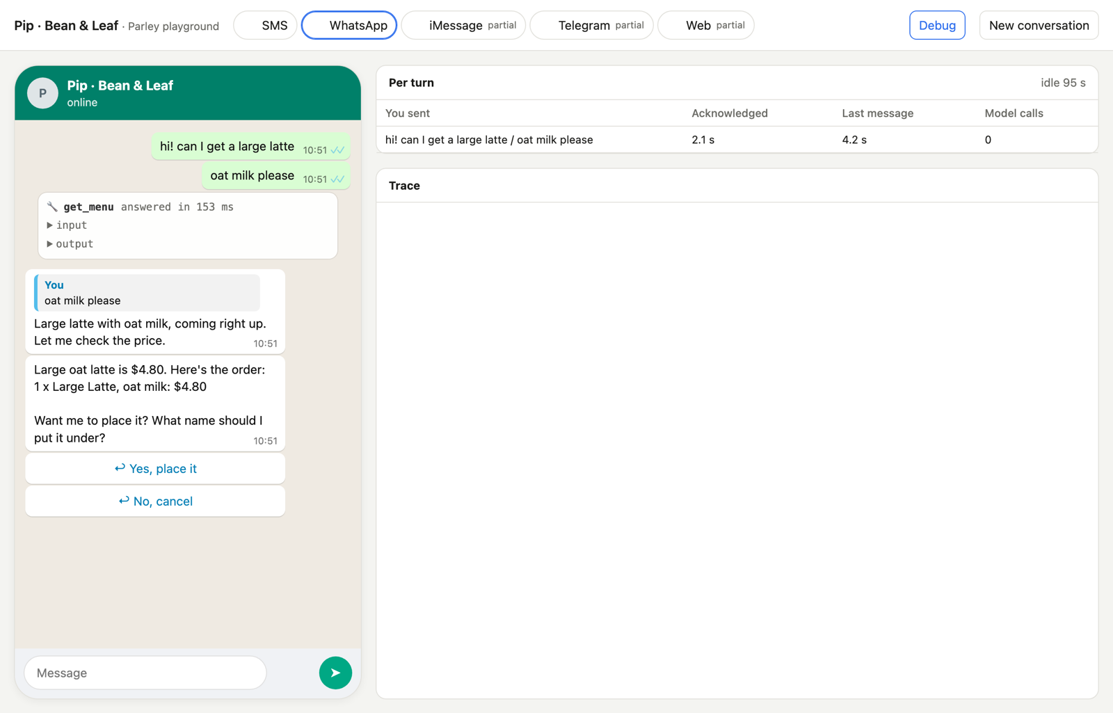 Pip, the café example, in the WhatsApp simulator: a double text folded into one reply, a menu lookup, and the order with reply buttons