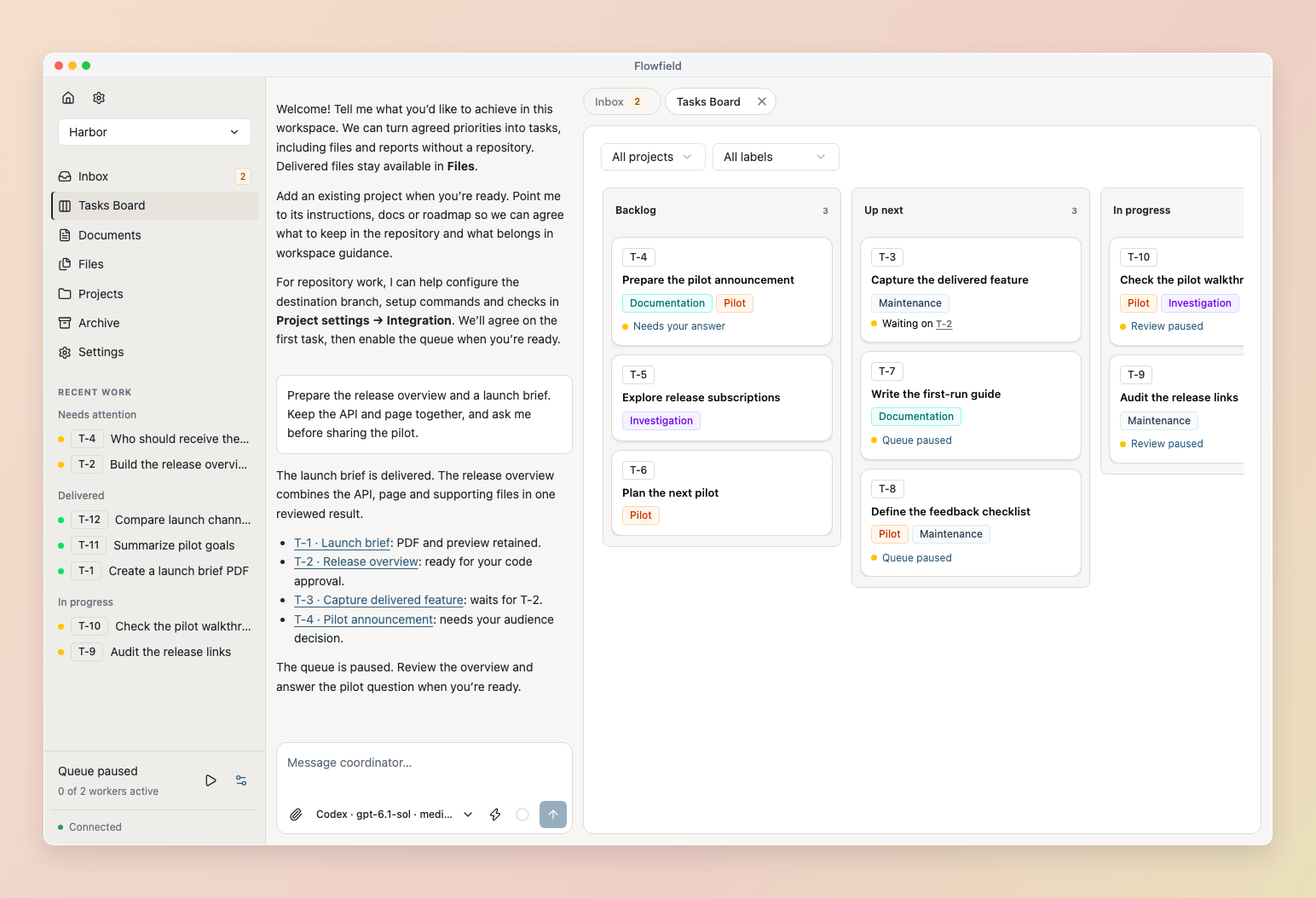 Workspace board with code, file and report tasks