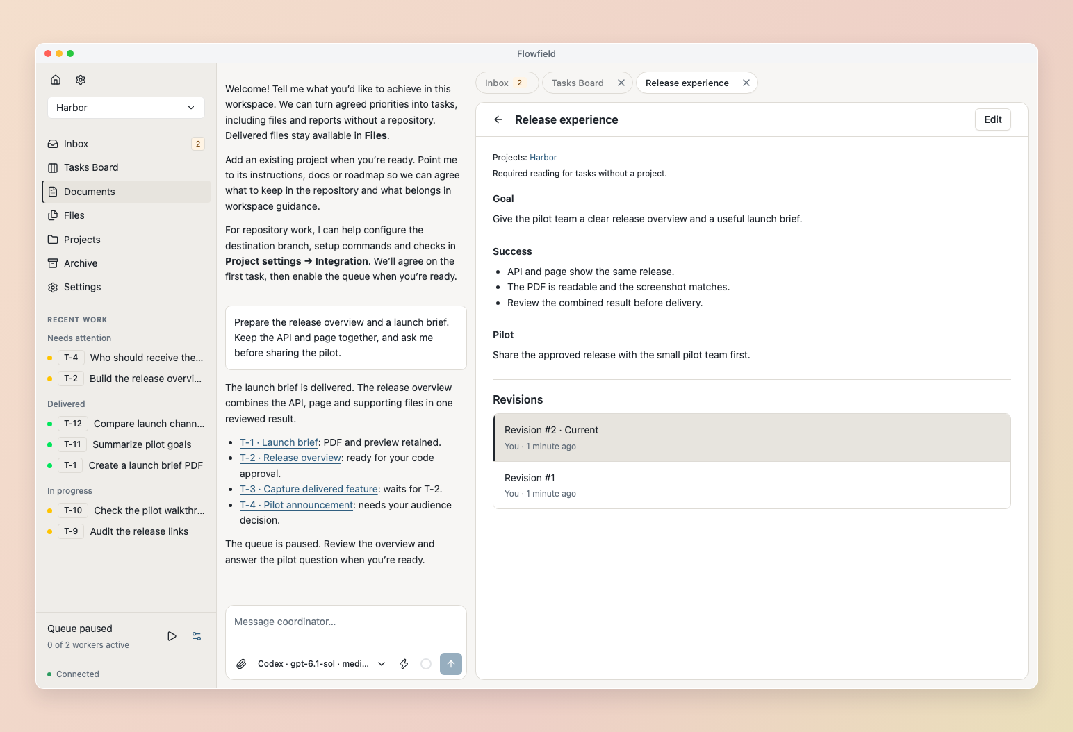 Shared workspace document with revision history