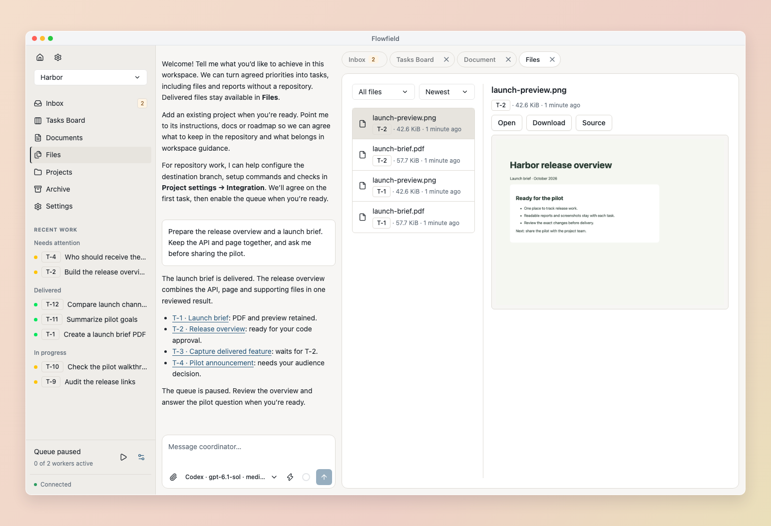 Retained task files with folders and a file inspector