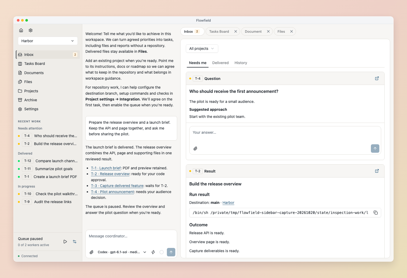 Inbox with a question and code ready for review