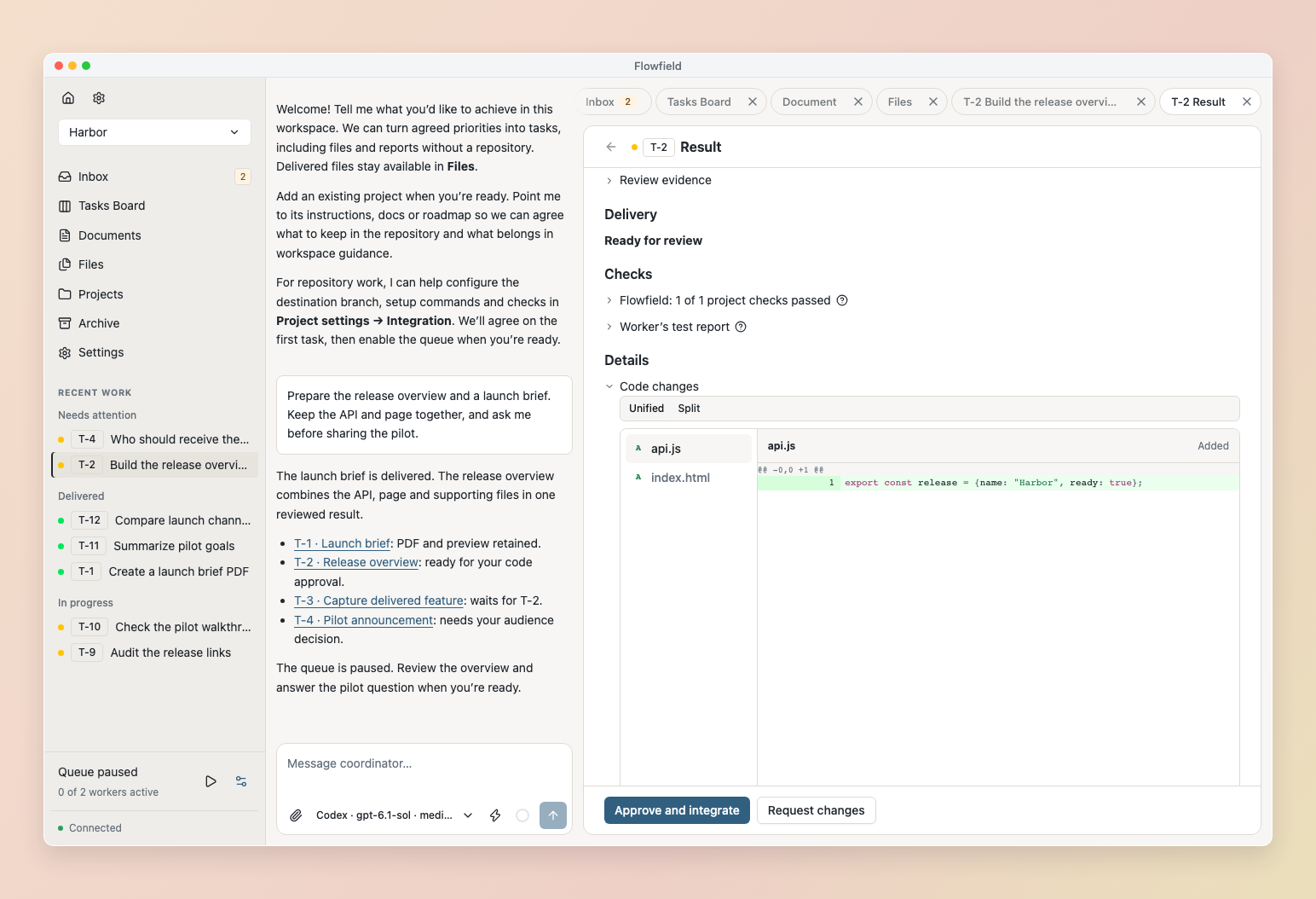 Code result with its diff, checks and review actions