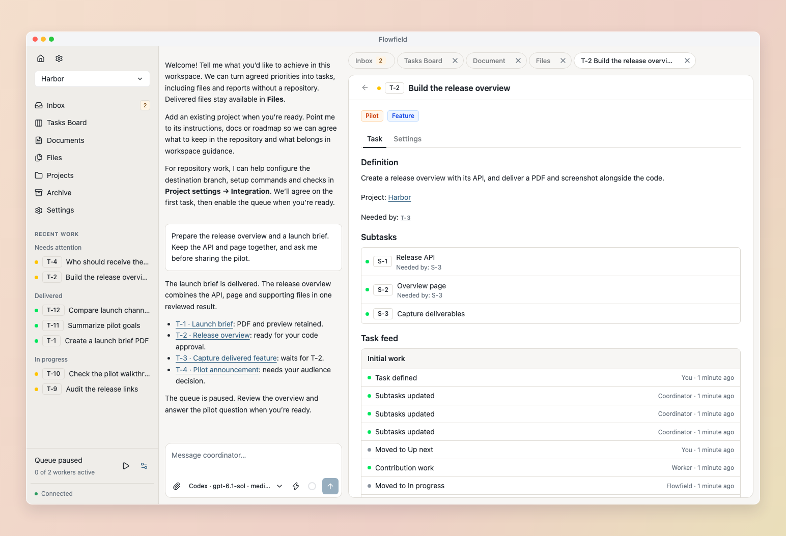 Task history with local subtasks, work and whole-task review