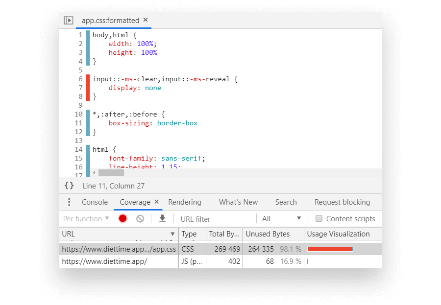 Coverage Tab in Chrome's DevTools